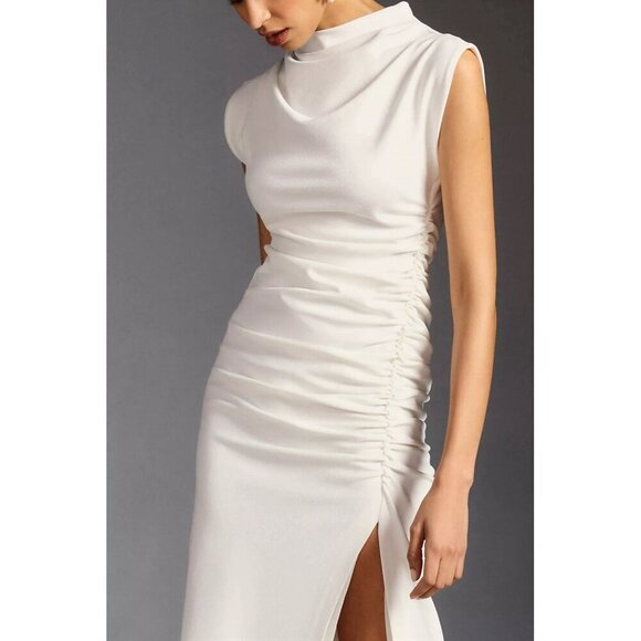 Anthropologie The Maya Ruched Cowl Neck Dress White Wedding Petite Large Formal - Picture 2 of 14